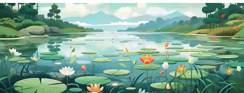 田园风光风格的绿色池塘里的荷叶荷花插画背景,插画/手绘图,插画/手绘图库,插画/手绘图下载,插画/手绘